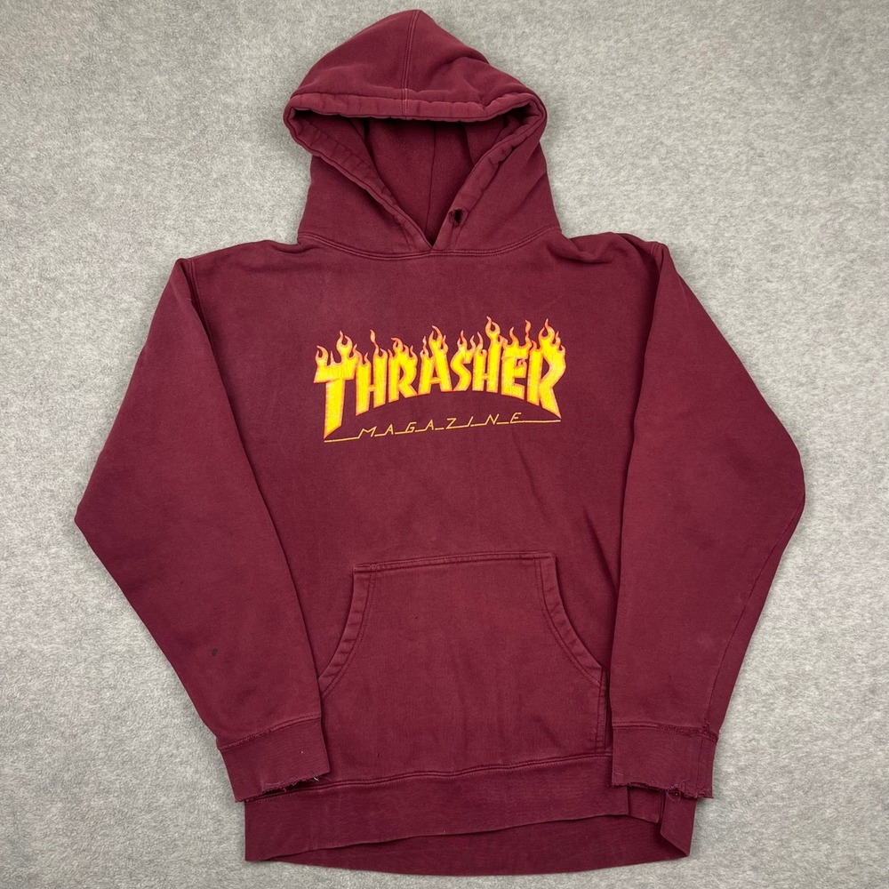 Thrasher Hoodie Mens Medium Burgundy Flame Logo Pullover Skateboard Graphic